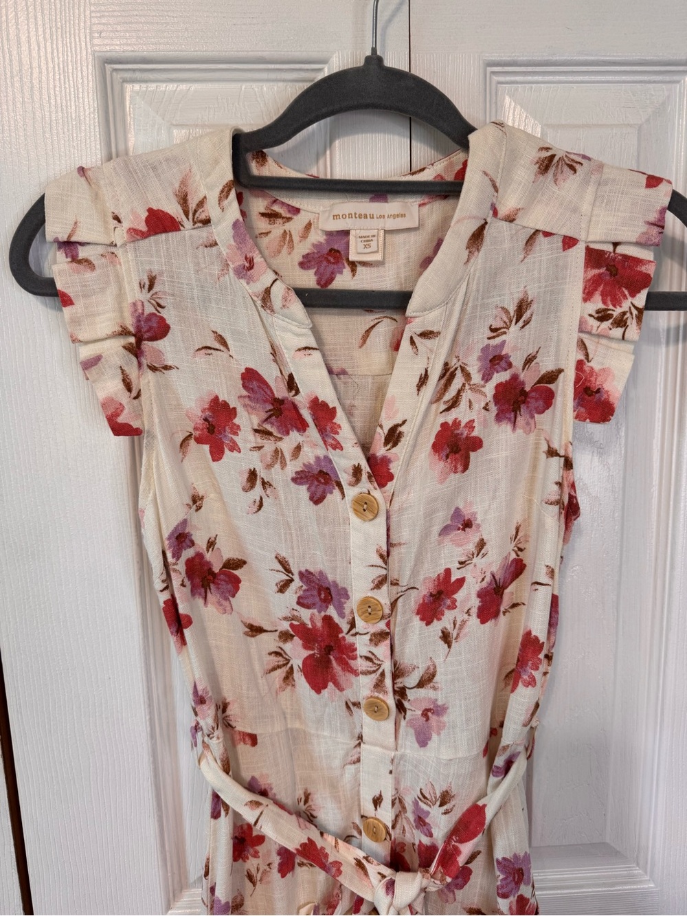 Monteau Cream Maxi Belted Dress with Pink Salmon Lavender Floral Print Size XS - Picture 3 of 13